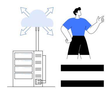 Farklı erişim noktalarını gösteren oklarla bir buluta bağlı veri sunucusu. İşaret eden kişi dijital potansiyeli ve yeniliği simgeler. Bulut teknolojisi, yenilik, ağ oluşturma ve veri için ideal