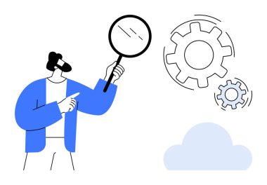 Yenilik, analiz, problem çözme, bulut teknolojisi, mühendislik, teknik keşif. Elinde bir büyüteç tutan kişi bulutun yakınındaki dişlileri inceliyor. Yenilik ve sorun çözme kavramı