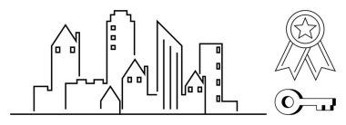 Gayrimenkul, kentsel kalkınma, emlak yatırımı, başarı, başarı, tanınma. Bir kurdele ve anahtarla minimalist şehir silueti. Gayrimenkul ve emlak yatırım kavramı