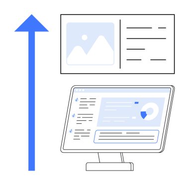 İş büyümesi, veri analizleri, dijital pazarlama, bilgi takibi, performans analizi, web tasarımı. Yukarıya bakan mavi ok, bilgisayarda gösterge paneli. İş büyümesi ve veri analizleri
