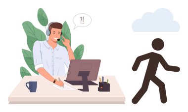 Masasında kulaklıklı ve bilgisayar başında kafası karışık bir adam, müşteri figürü bulutların altında yürüyüp gidiyor. İletişim için ideal, müşteri hizmetleri, yanlış anlama, destek, problem çözümü, uzak