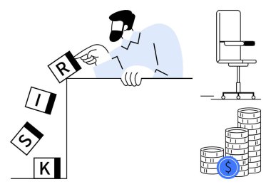 Finansal risk, karar verme, yatırım planlaması, kriz yönetimi, şirket stratejisi, işyeri istikrarı. Engelleme riskiyle etkileşime giren kişi, mavi doların yanına istiflenmiş paralar.