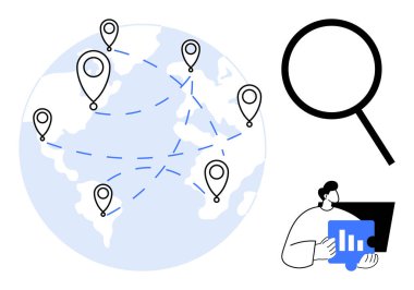 Yer işaretleri, noktalı bağlantı çizgileri, büyüteç, bar çizelgelerini analiz eden insan. Küresel iletişim, lojistik, araştırma, iş stratejisi, ağ oluşturma ve veri için ideal