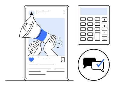 Akıllı telefondaki megafon sosyal medya pazarlamasını sembolize eder. Eklenen hesap makinesi ve sohbet simgeleri planlama, geri bildirim ve iletişimi önerir. Pazarlama, analitik, mesajlaşma, reklam için ideal