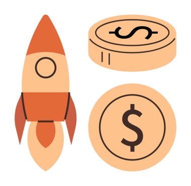 Roket madeni paralarla havalanıyor, büyümeyi, başarıyı, yeniliği, zenginliği simgeliyor. Girişimcilik, girişimcilik, yatırım, kaynak toplama teknolojisi gelişimi için ideal basit düz metafor