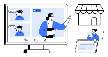 Çevrimiçi öğrenme kavramı. Çevrimiçi öğrenme, sanal yöntemlerle tüm dünyada öğrenci ve öğretmenleri birbirine bağlar. Çevrimiçi öğrenme eğitime erişimi geliştirir ve yeniliği destekler. Okullar, işletmeler için.