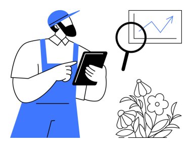 Tarım, teknoloji entegrasyonu, veri analizi, sürdürülebilirlik, akıllı tarım, verimlilik. Çiçek ve grafiğin yanında tablet kullanan bir çiftçi. Tarım ve teknoloji entegrasyonu kavramı