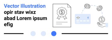 Rozetli sertifika, kredi kartı, hareket halindeki bozuk paralar ve para alan eller. Finans hizmetleri için ideal, fintech, ödemeler, bankacılık, para transferi basit iniş sayfası