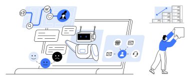 Al sohbet robotu konsepti. Yapay zeka sohbet robotu iş akışı otomasyonunu destekler, iletişimi ve verimliliği arttırır. Yapay zeka sohbet robotu işlemleri, müşteri hizmetleri ve görev yönetimini düzene sokar. Teknoloji için harika SaaS.