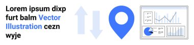 Veri gösterge tablosu ve çizelgeleriyle birlikte yukarı ve aşağı doğru oklar arasında mavi konum iğnesi. Analiz, navigasyon, izleme, raporlama, veri yönetimi, kullanıcı görüşleri, basit iniş sayfası için ideal