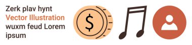 İş, işlem, finans, kimlik, müzik, profil. Dolar işareti, müzik notaları ve insan simgesi olan bir bozuk para. Minimum tasarım içinde finans ve işlem kavramları