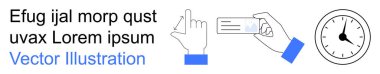 Çevrimiçi güvenlik, kimlik doğrulama, zaman yönetimi, belgeler, dijital erişim, kişisel kimlik. El ele tutuşma kartı ve analog saati olan minimalist tasarım. Kimlik doğrulama ve zaman