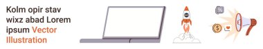 İş büyümesi, girişim gelişimi, dijital teknoloji, yenilik, finansal strateji, proje yönetimi. Laptop, roket para birimi işareti ve fikir sembolü. İş büyümesi ve başlangıç gelişimi