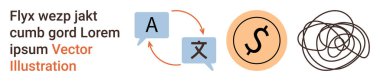 Dil hizmetleri, finansal değişim, iletişim akışı, iletişim eksikliği, çeviri araçları, problem çözme. Oklu konuşma balonları, soyut para sembolü karalamalar. Dil hizmetleri