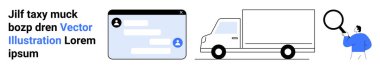 Dijital iletişim, lojistik, çevrimiçi dağıtım, ulaşım, keşif, araştırma. Sohbet ekranı, büyüteçle teslimatçı kamyoncu. Dijital iletişim ve lojistik