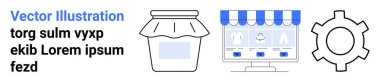 Reçel kavanozu, bilgisayar ekranında vitrin, vites simgesi e-ticareti, iş aletlerini ve DIY elemanlarını sembolize ediyor. Küçük işletmeler, çevrimiçi alışveriş, perakende satış, pazarlama girişimciliği için ideal modern