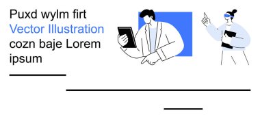 İş iletişimi, takım çalışması, teknoloji, işbirliği, eğitim, liderlik. İki profesyonel etkileşimde, biri işaret ediyor, diğeri de tablet tutuyor. İş iletişimi ve takım çalışması