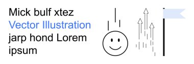 Pozitif duygu, hedef başarısı, ilerleme takibi, bilgi tasarımı, minimalist sanat, motivasyon. Mutlu yüz, bayrak ve beyaz arka planda yukarı doğru oklar. Pozitif duygu ve amaç