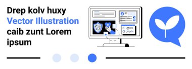 Bilgisayar ekranında veri görselleri, güvenlik simgeleri ve bitki simgesi olan bir sohbet balonu var. Teknoloji, sürdürülebilirlik, veri analizi, yenilik, iş, dijital araçlar için ideal basit iniş