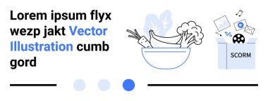 SCORM uygulama entegrasyonunu sembolize eden dijital medya illüstrasyonuyla birlikte sebze ve meyvelerle dolu bir kase. Eğitim, e-öğrenim, sağlıklı yaşam tarzı, taze yemek, teknoloji kavramları için ideal