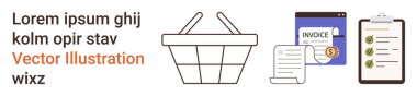 E-ticaret, fatura, online alışveriş, finansal işlemler, perakende yönetimi, ödeme sistemi. Alışveriş sepeti, fatura döküman kontrol listesi. E-ticaret ve fatura konsepti