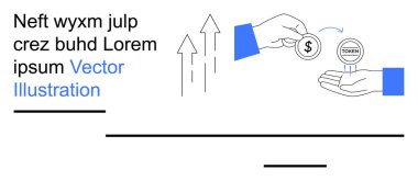 Kripto para birimi, fintech, engelleme zinciri, sembolik ekonomi, finansal büyüme, işlemler. Büyüyen okları olan bir jetonla bir dolar değiş tokuş. Kripto para birimi ve fintech konsepti