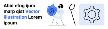 Adam kalkanı kilit simgesi, büyüteç, güvenlik, sistem ayarları ve araştırma ile tutuyor. Siber güvenlik, teknoloji, güvenlik, analiz koruma geliştirme için ideal.