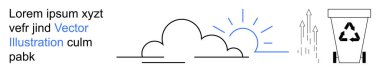 Sustainability, environmental conservation, recycling practices, nature protection, green energy, waste management. Minimalist recycling bin with cloud and sunrise. Sustainability and environmental