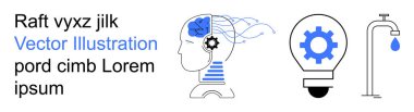 Yapay zeka, yenilik, problem çözme, yaratıcılık, teknoloji ve su koruma. Vitesli insan kafası, dişli ampul ve su damlacıklı musluk. Yapay zeka ve yenilik