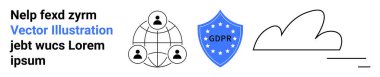 Data privacy, GDPR compliance, cloud technology, security, digital networking, IT services. Shield icon with GDPR text, cloud symbol human network diagram. Data privacy and GDPR compliance concept