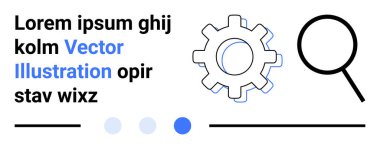 Şekil çizgileri ve metin elementi olan vites simgesi ve büyüteç. Yenilik, teknoloji, araştırma, strateji, geliştirme, analiz, basit iniş sayfası için ideal