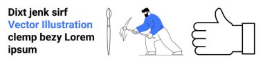 Madencilik, işçilik, onay, tasarım elementleri, bilgi grafikleri, araçlar. Elinde kazma tutan bir adam baş parmak işareti ve soyut şekillerin yanında. Madencilik ve onay kavramı
