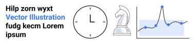 Time management, strategy development, decision-making, analytics, productivity, data analysis. Clock, chess knight and rising graph in minimalist style. Time management and strategy visualization