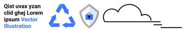 Environmental sustainability, data security, cloud computing, digital protection, cyber safety, green computing. A recycling symbol, shield lock icon and cloud illustration. Environmental