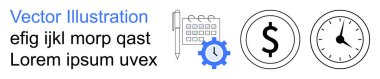 Productivity, time management, financial planning, business solutions, workflow optimization, scheduling. Icons include a calendar, pen gear with clock dollar sign and clock. Productivity and time