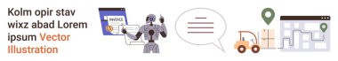 İş otomasyonu, lojistik, robot, yapay zeka, navigasyon, konuşma süreci. Robot bir fatura ve konuşma baloncuğuyla etkileşime geçiyor, forklift haritasında konum kodu var. İş otomasyonu ve lojistik