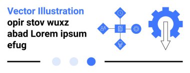 Aşağı ok ile vites, simgeli soyut ağ ve yer tutucu metin. Teknoloji, veri yönetimi, iş akışı, otomasyon, ağ sistemleri, dijital strateji basit iniş sayfası için ideal