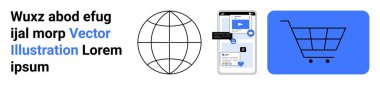 E-ticaret, dijital pazarlama, küresel ticaret, online iletişim, iş çözümleri, mobil uygulamalar. Akıllı telefon, küre ve alışveriş arabası. E-ticaret ve dijital pazarlama görselleri