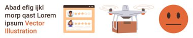Çevrimiçi incelemeler, e-ticaret, teknoloji, kuadkopter dağıtımı, dijital geribildirim, iletişim. Çevrimiçi inceleme paneli, Quadcopter paketli ve tarafsız bir duygu. Çevrimiçi inceleme ve insansız hava aracı teslimatı