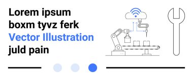 Robotik kol, bulut ağına bağlı nesneleri taşıma bandına yerleştiriyor. Göstergelerin yanında araç bakım gerektiriyor. Otomasyon, teknoloji, yenilik, endüstri, IOT, basit iniş için ideal