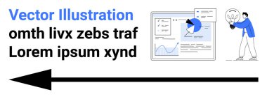 İş stratejisi, veri görselleştirme, yenilik, analitik, rapor jenerasyonu, yaratıcı düşünce. Çizelgeler, grafikler ve elinde ampul tutan biri. Veri görselleştirme ve yenilik kavramı