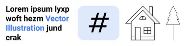 metadata tag in blue square, linear house and pine tree sketches, placeholder text in modern font. Ideal for design simplicity, social media, branding, SEO, architecture, nature and simple landing
