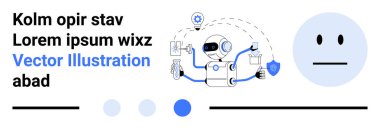 İnsansı yapay zeka robot çoklu görev, aletler, kalkan ikonu ve teknoloji elementleriyle donatılmış. Yapay zeka, otomasyon, güvenlik, yenilik, teknoloji robotları ve basit iniş sayfası için ideal