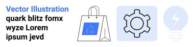 Gömülü bir tasarım, vites simgesi ve ampul grafiği ile alışveriş torbası yeniliği, teknolojiyi, gücü, e-ticareti, yaratıcılığı, online alışveriş ve iş kavramlarını sembolize ediyor. Teknoloji için ideal