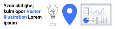 Fikirleri sembolize eden ampul, coğrafi konumlandırma için mavi harita iğnesi ve veri içgörüsü için analitik çizelgeler. Yenilik, analitik, iş, strateji, konum, planlama ve basit iniş sayfası için ideal