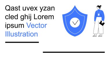 Siber güvenlik, veri koruması, gizlilik, çevrimiçi güvenlik, dijital güvenlik, profesyonel. Görüntü, üzerinde kontrol işareti olan bir kalkan ve elinde bir pano tutan birini gösteriyor. Siber güvenlik ve veri koruması