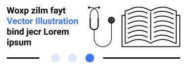Steteskoplu ve modern grafik elementli açık bir kitap. Eğitim, sağlık, bilgi, öğrenim, tıp eğitimi, teknoloji, basit iniş sayfası için ideal