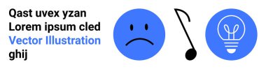Duygusal ifade, yaratıcılık, yenilik, farkındalık, problem çözme, sanatsal ilham. Mavi üzgün yüz, beyaz arka planda müzik notası ampulü. Duygusal ifade ve yaratıcılık