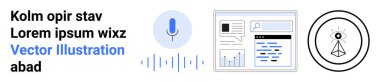 Ses tanıma, yapay zeka, siber güvenlik, veri işleme, dijital medya, kimlik doğrulama. Mikrofon simgesi, web sayfası düzeni ve göz sembolü. Ses tanıma ve veri işleme