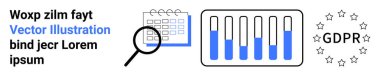 Takvim üzerinde büyüteç, mavi çizgili bar çizelgesi, GDPR uyum rozeti. Veri yönetimi, uyum, analitik, denetleme, araştırma, özel iniş sayfası için ideal
